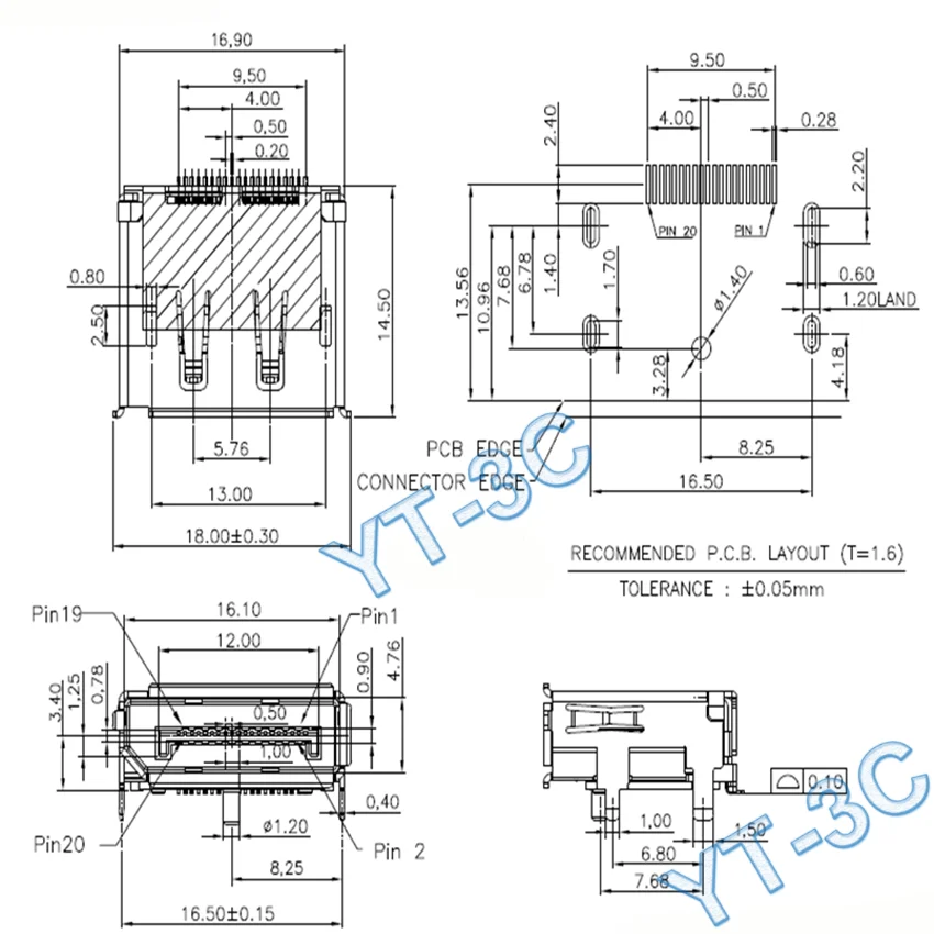 5PCS New SMT DP HDMI 20P Female Socket/Jack Connector 20Pin With Column For TV-Interface Monitor