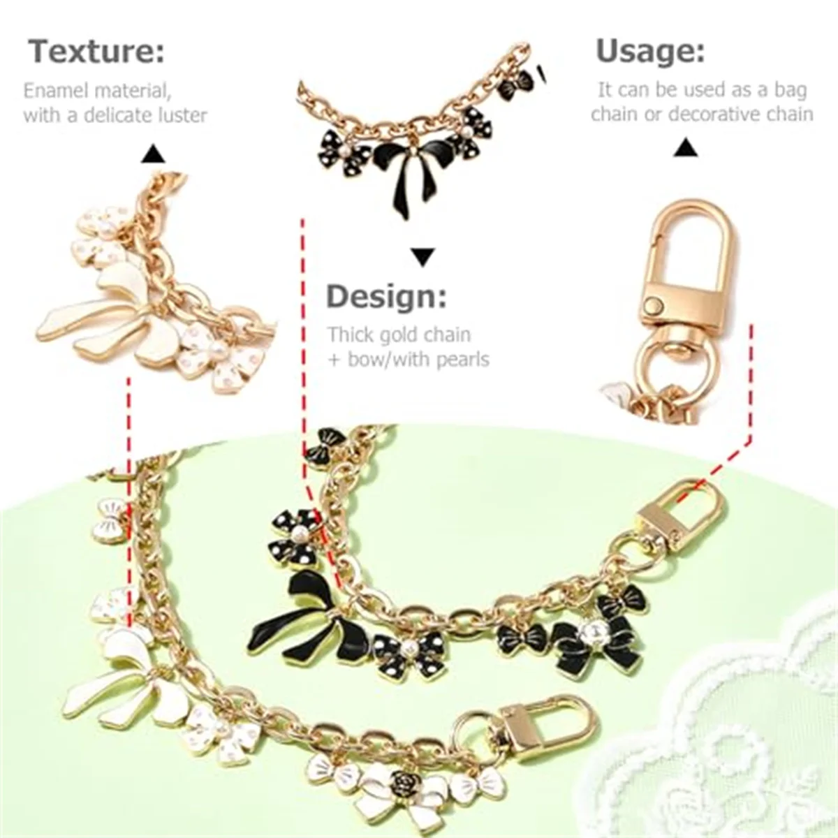 HOLIN 2PCS Bow Purse Chain Enamel Decorative Replacement Flower Extender for Crossbody Shoulder Bag Wallet Handbag Charm Strap