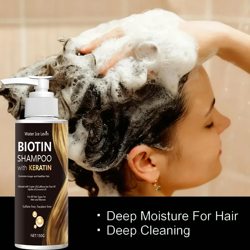 Shampoo de biotina e queratina Water Ice Levin, sem sulfato/parabenos, com óleos nutritivos, para cabelos mais saudáveis, todos os tipos de cabelo