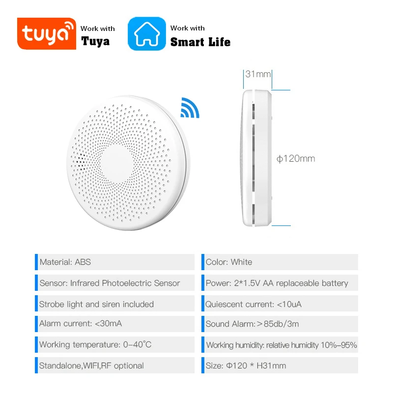 2 IN 1 WiFi Function Tuya APP Smart Life Home Kitchen Room CO & Smoke Detector Sensor  Fire Sound Alarm Carbon Monoxide Alert