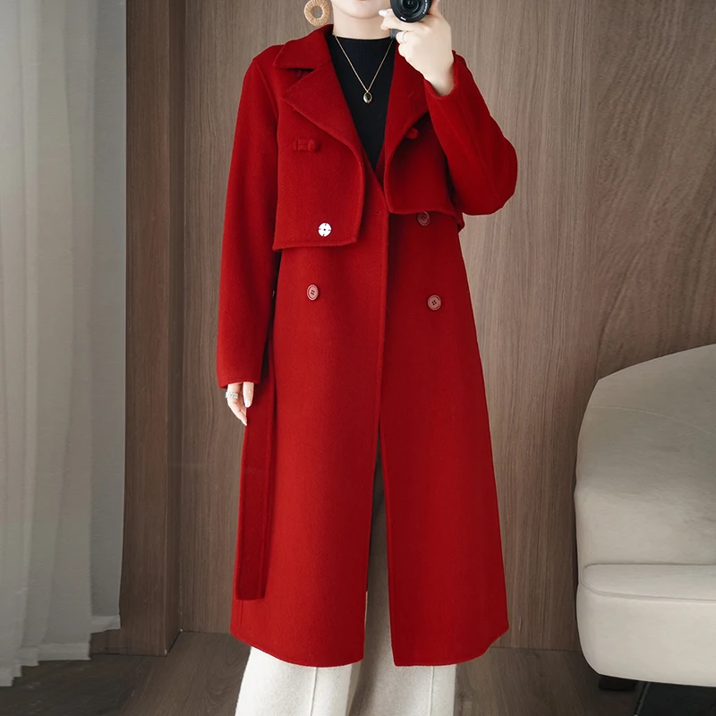 Two-Piece Set New Chinese Style National Style Button Women's Coat 100% Wool Double-Sided Woolen Coat Long Vest Top Split Style