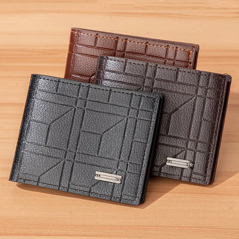 PU Leather Men Wallets Portable Square Shape Geometric Pattern Coin Pocket Card Holder Short Style Purse