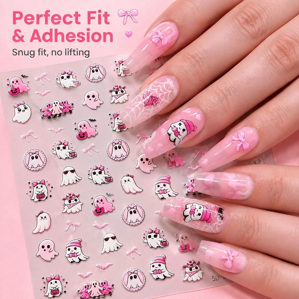 1Pc 5D Halloween Nail Stickers Cute Pink Ghost Bow Self‑Adhesive Nail Decals Embossed Design DIY Manicure Art Decor Accessories