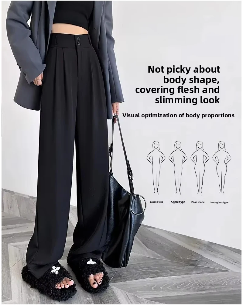 Elegante Weite Hosen für Damen im Koreanischen Stil mit Hoher Taille, Schwarze Baggy-Hosen, Büro-Damenmode, Lockere Anzughosen, Streetwear – Detail 2