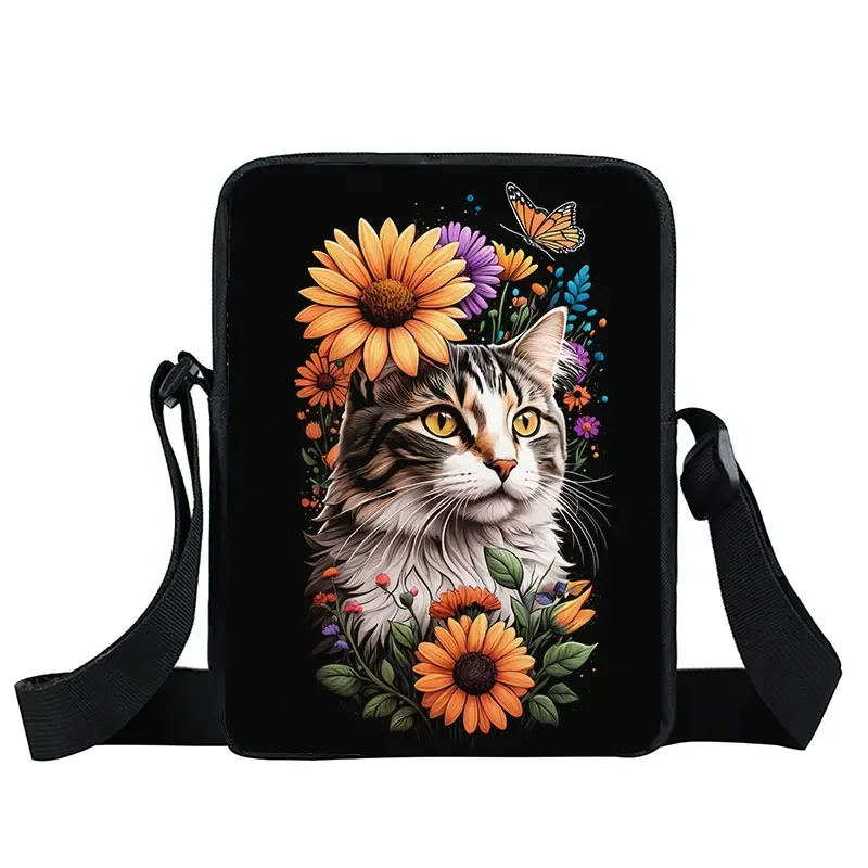 Flores dos desenhos animados Gato Crossbody Bag, Kawaii Gato Preto Lua Bolsas, Suporte do telefone, Estudante Portátil Casual Bookbags Presente