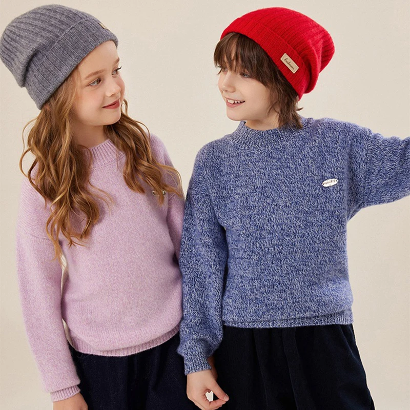 

Autumn winter100% pure wool sweater boys' round neck long sleeved warm sweater girls' solid color Pullover knittedsweatersweater