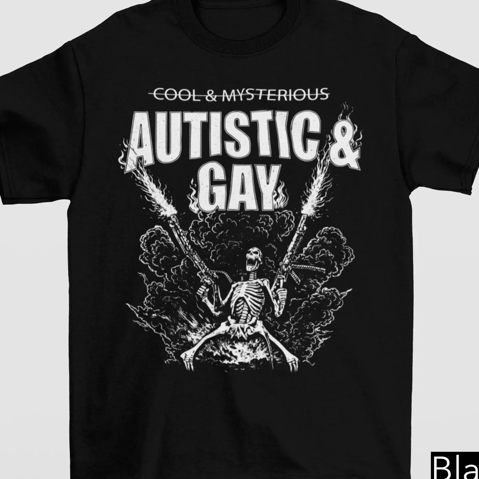 Cool Mysterious Autistic Gay Skeleton Flaming Gun Print T shirt Humorous Cursed Meme Unhinged Gag GifT vintage Washed Unisex
