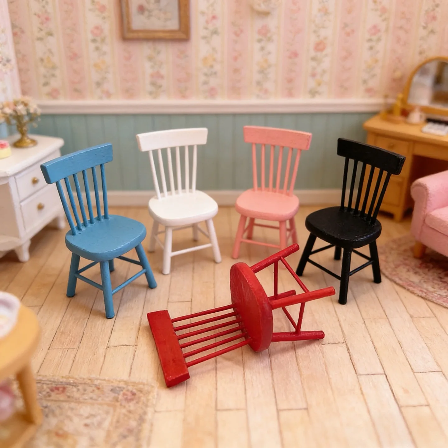 1:12 Scale Dollhouse Mini Wooden Windsor Chair,Multi-Color Retro Backrest Chair,Miniature Furniture Accessory for Diorama Scene