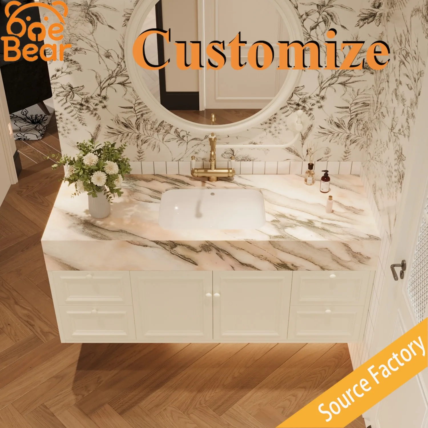 Luxury Marble Vanity Countertop Integrated Wash Basin Polished Stone Sink Modern Vanity Top for Villa Hotel Bathroom