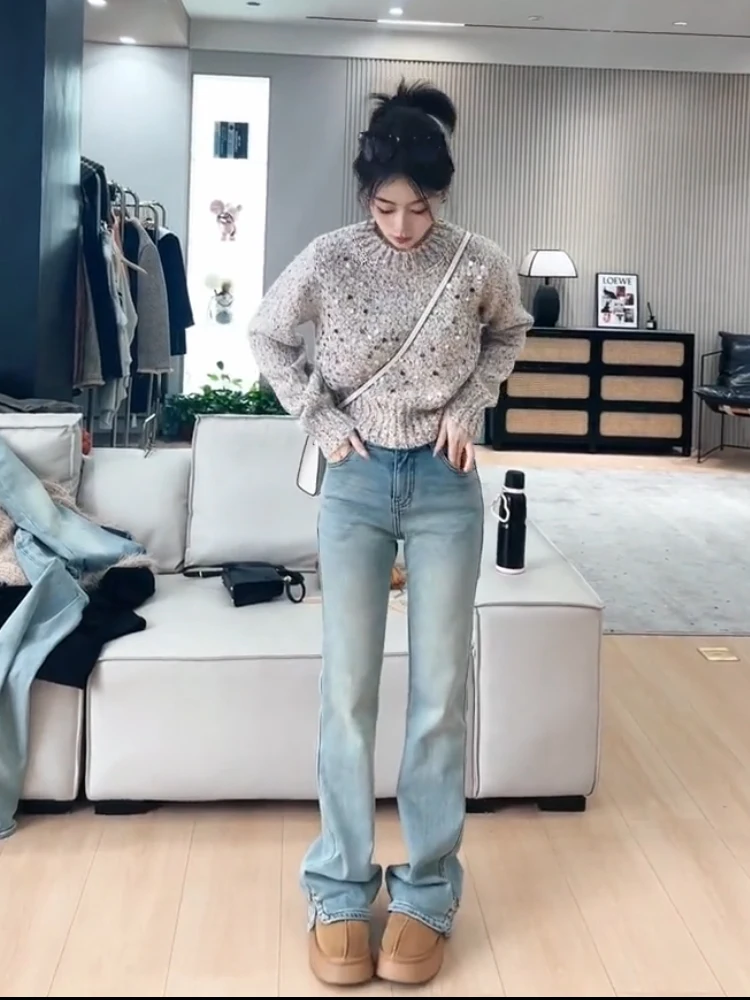 

Retro Design Fce Lined Denim Jeans Women's Autumn Winter Soft Slimming Match All High Waist Long Pants Deep Color