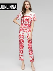 JUNLINNA Sweet Women Two Piece Set Summer Fashion Rhinestone Beading T-shirt+Trousers Red Porcelain Printing Pants Suit