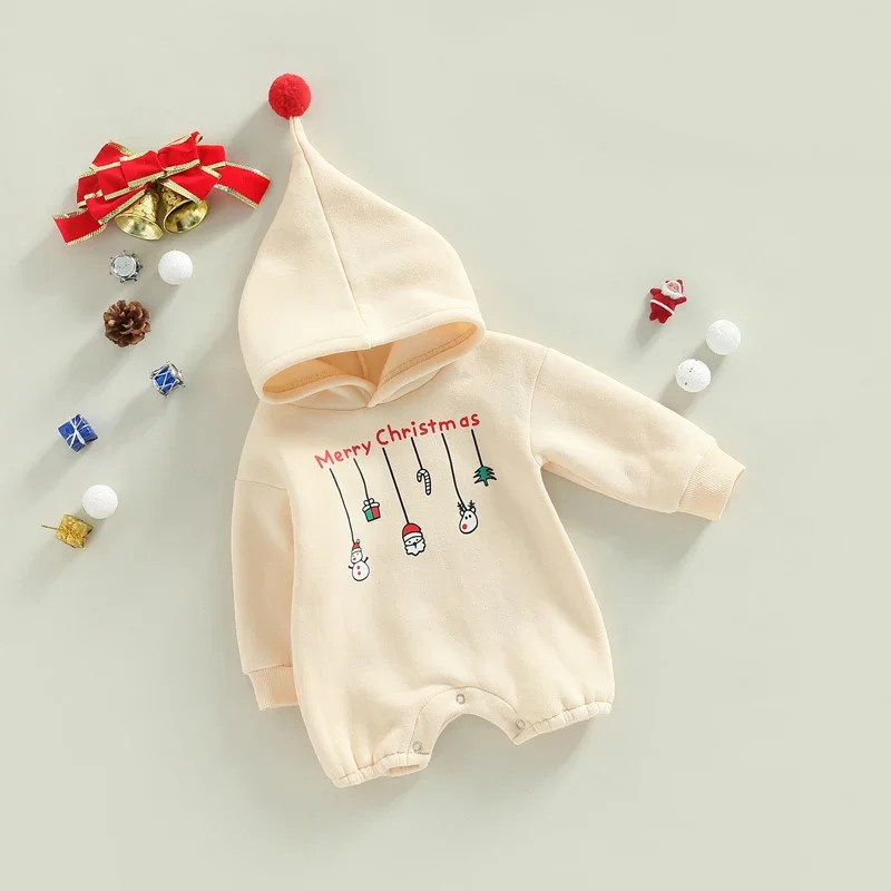 Cotton Baby Girls Christmas Jumpsuit Clothes Long Sleeve Hooded Letters Print Warm Romper Playsuits Xmas Baby Costume