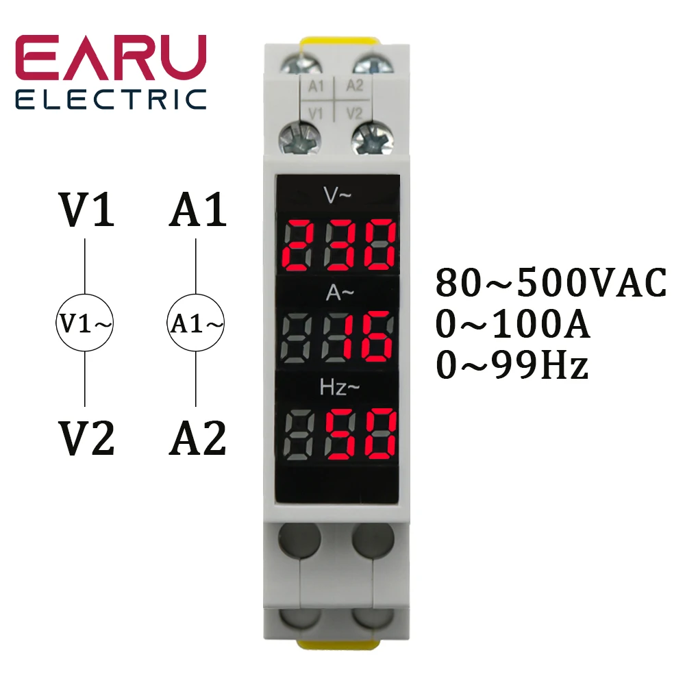 Din Rail 18mm Voltage Current HZ Meter AC 80-500V 220V 380V 100A Modular Voltmeter Ammeter LED Indicator Digital Volt Tester