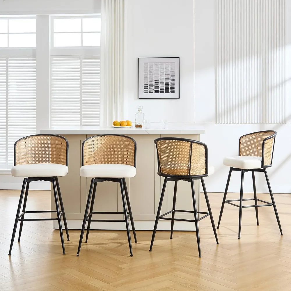 

Swivel Counter Height Bar Stools Set of 4, 26" Mid-Century Modern Faux Leather Barstools with Rattan Back Metal Legs