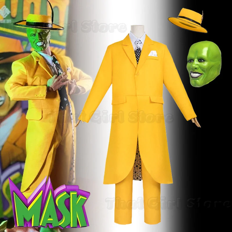 Film 'Die Maske' Cosplay-Kostüm Jim Carrey Cosplay Gelbe Uniform Karnevals-Party-Anzug Hut Grüne Maske Halloween Clown-Outfits Anzüge