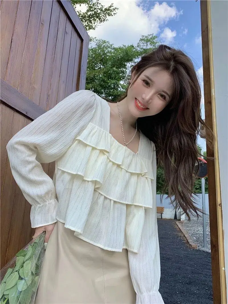 Blouses Women Spring New Design Ruffles Aesthetic Solid Clothing Tops Square Collar BF Sweet Leisure All-match Breathable Femme