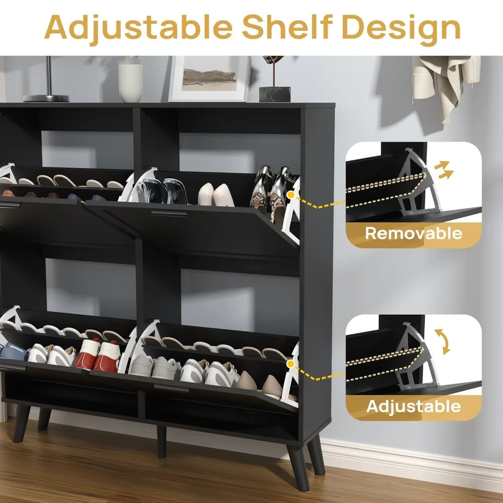 

Black Large Shoe Cabinet Fit Up To Shoe Size 16, Freestanding Shoe Organizer with 4 Flip Drawers, Narrow Wooden, Customized