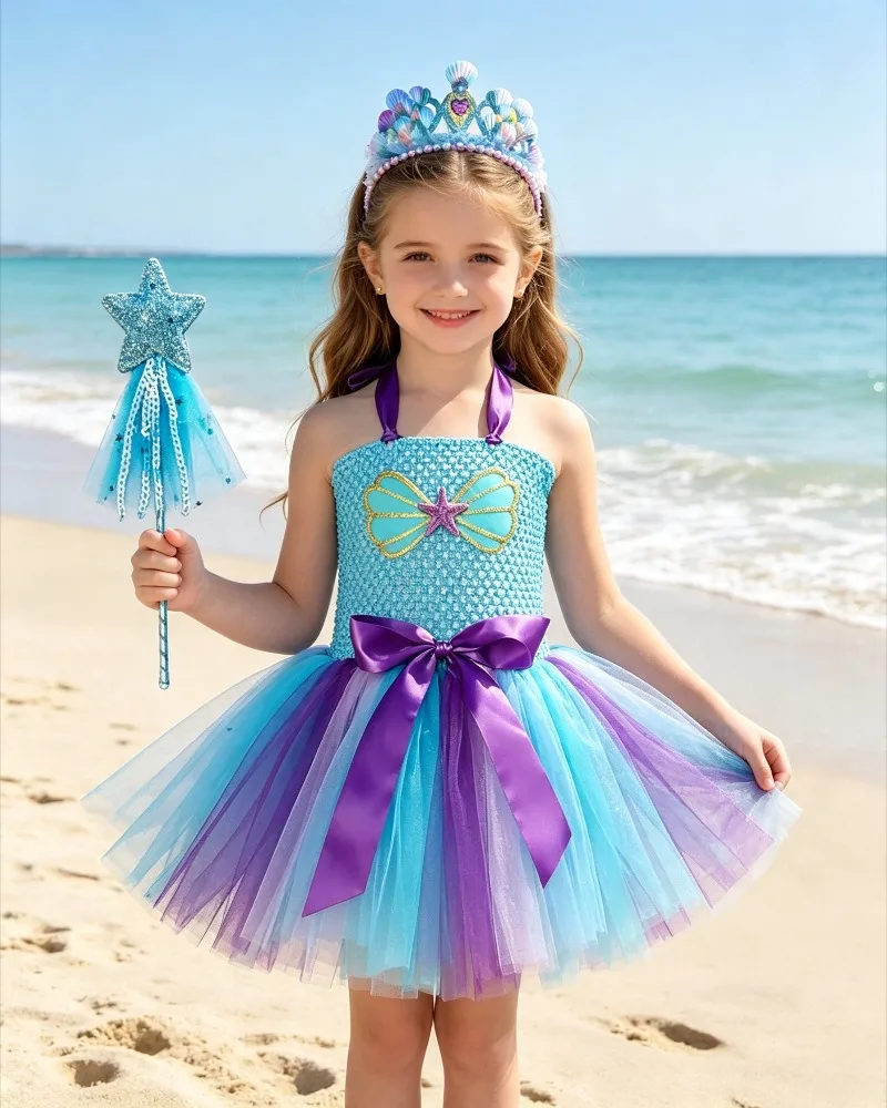 Halloween Baby Girls Princess Tutu Dress Ocean Themed Tulle Ballet Gown Kids Birthday Christmas Party Stage Wear Complete Set