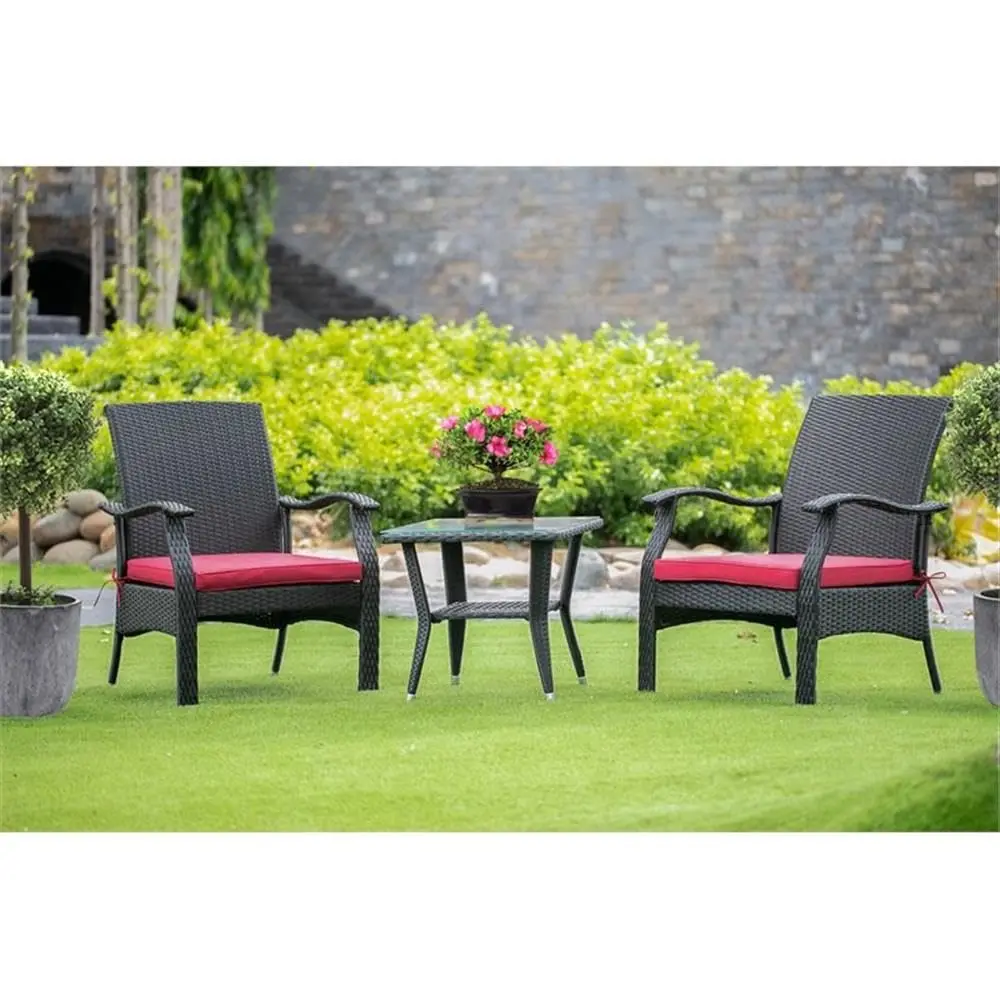 #3 Piece Patio Set Wicker Rattan Table Glass Top 2 Armchairs Cushion Small Outdoor Balcony Yard, Customized