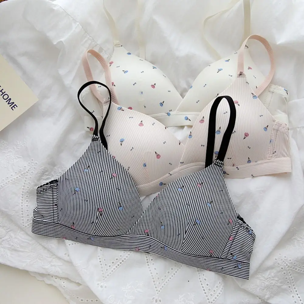 Breathable Thin Unwired Bra New Cute Polyamide Small Boobs Gather Bra Cartoon Steel Frameless Floral Breathable Bra Women