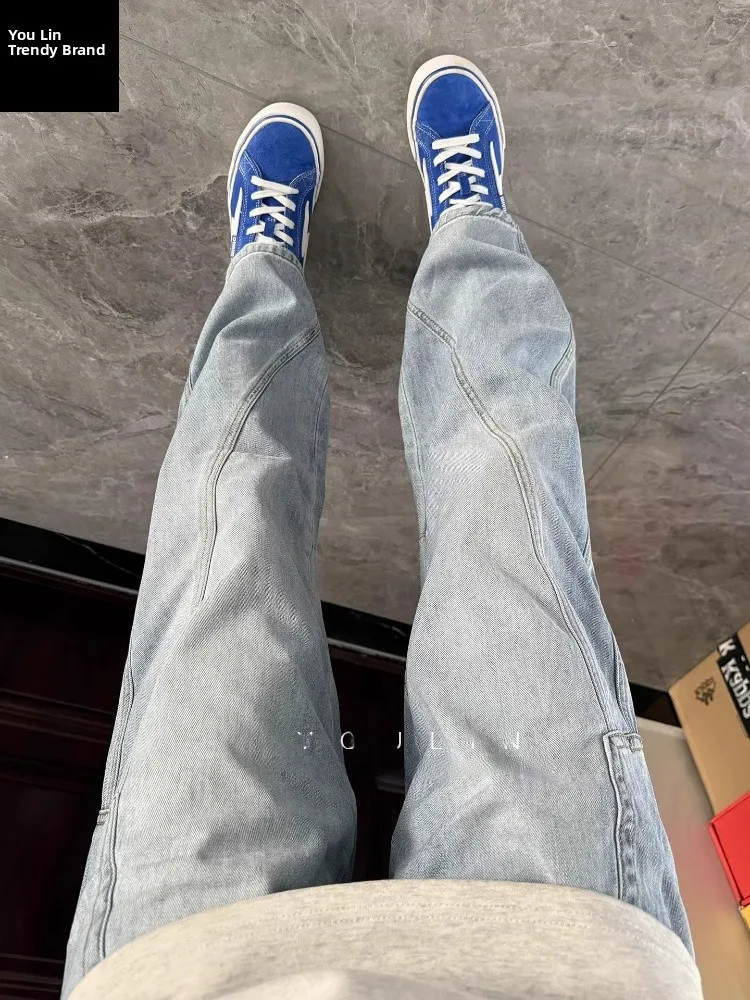 

Мужские джинсы Cleanfit Blue с косым кроем, в стиле американской уличной моды, прямые, с легким расклешением, повседневные, из денима