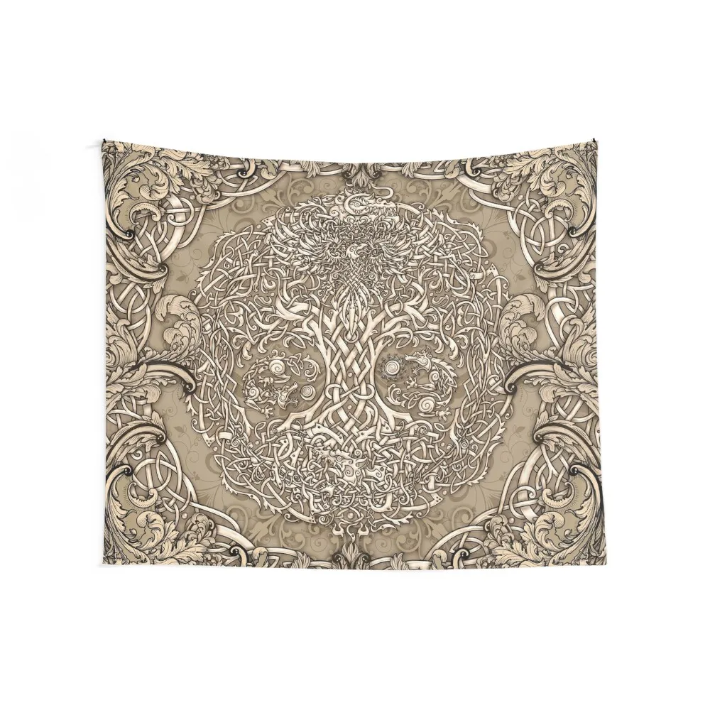 Yggdrasil, Viking Tree of Life - Beige and Cream Tapestry Hanging Wall Living Room Decoration Tapestry