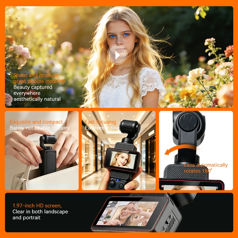 Lenovo Handheld Pocket Action Camera Rotating Lens and Screen Image Stabilization Photo Video Recording Wi-Fi Transfer to Phone
