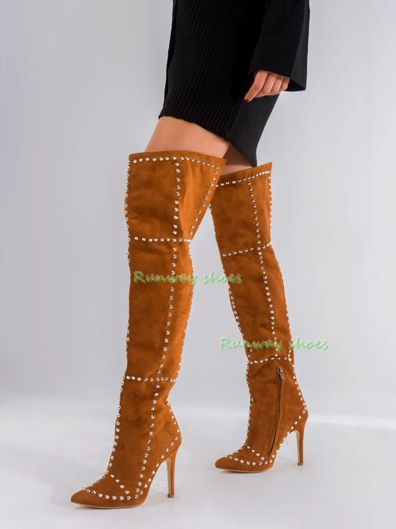 Vintage Camel  High Boots For Women Gold Metal Stud Rivet Decor Pointed Toe Stiletto Heel Dinner luxury Over‑the‑Knee Boots 2026