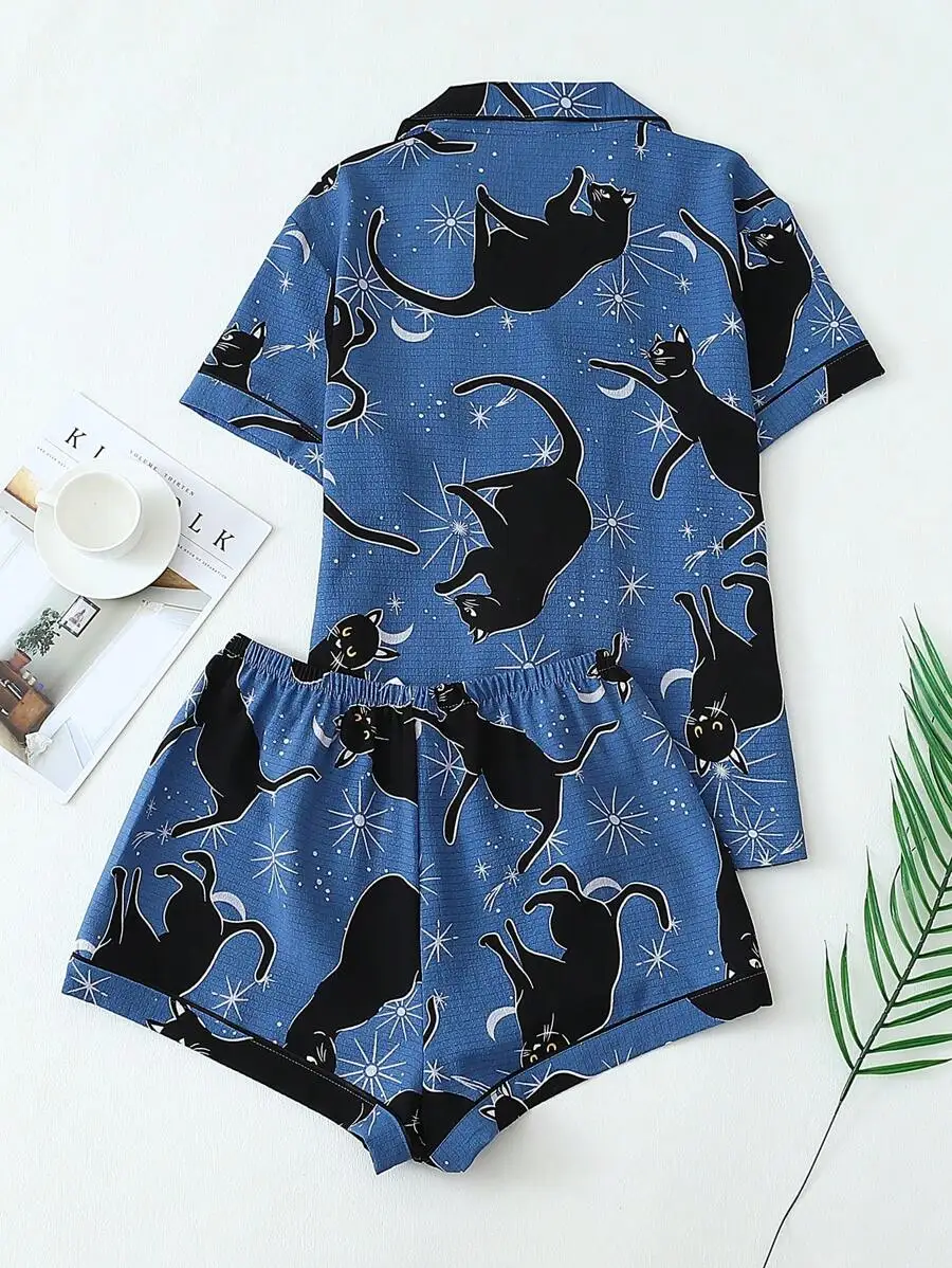 

Women Black Cat Print Pajama Set Short Sleeve Buttoned Top Bow Shorts Summer Sleepwear