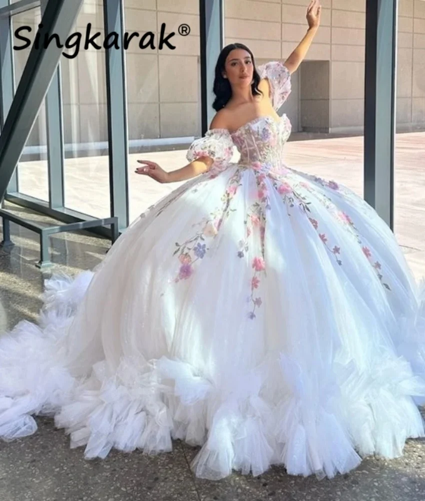 

Fascinating White Quinceanera Dress Bead Crystals Flower Appliques Sweet 16 Birthday Dress Puffy Sleeves Ruffles Customized