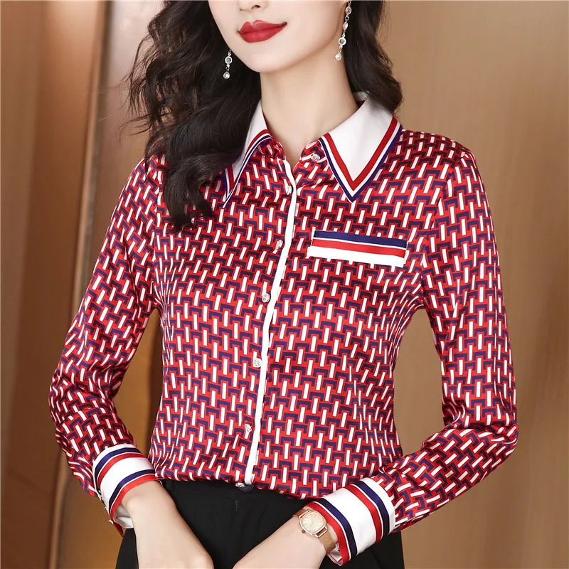 Spring Chic Printed Loose Chiffon Shirts Women Clothing Business Casual Formal Elegant Blouse Office Work Tops