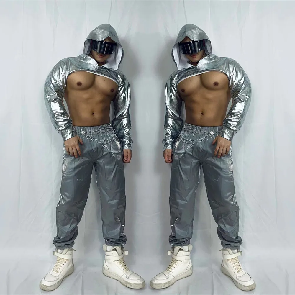 

Bar Nightclub Male DJ Dancer Gogo Costume Silver Hooded Tops Pants Outfit Stage Wear Party Show Pole Dancing Performance Clothes