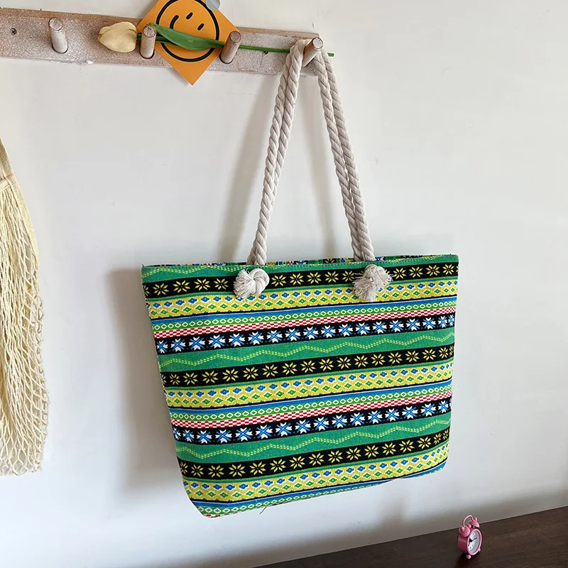 National Wind Tote Bags Large Capacity Canvas Shopping Bag Striped Thick Rope Small Shoulder Underarm Bag Work Handbag For Women