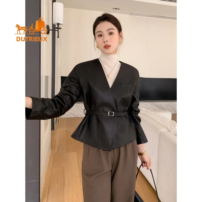 2025 New Autumn Women's Short Leather Jacket, Fashion and Elegant Trend 100% Real Sheepskin Black Jacket Coat Women