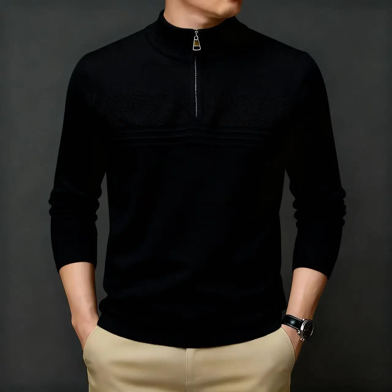 メンズクォータージップアップセーター、抗ピリング、ハーフハイカラーニットウェア、高品質ジャカード厚手セーター、肌に優しいメンズウェア