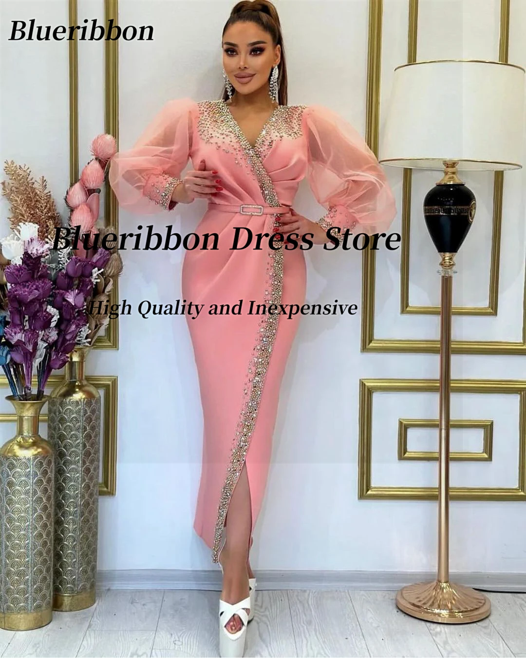 Blueribbon Handmade Beaded Luxury Prom Dresses with Sash Long Sleeves Evening Gowns Saudi Arabia Women Side Slit Formal Dress