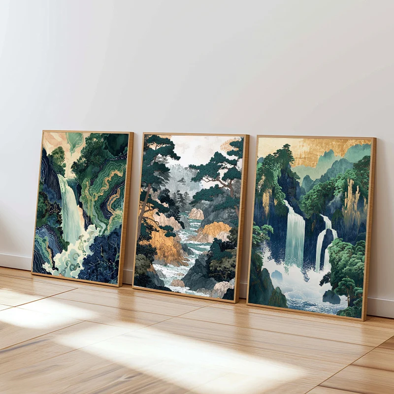 1pc frameless Japanese Waterfall Hokusai Ukiyo-e Blue Green Landscape Poster Canvas Printing Vintage Wall Art Picture Home Room
