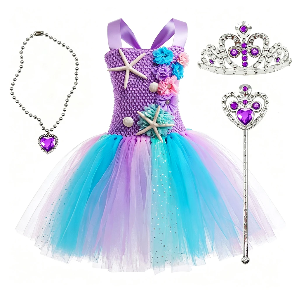 Niedliches, lila Kleid im Meerjungfrauen-Stil mit Spaghettiträgern für Mädchen, mit Zauberstab, Krone, Halskette und Haarreif – ideal als Halloween- oder Geburtstagsgeschenk. – Detail 6