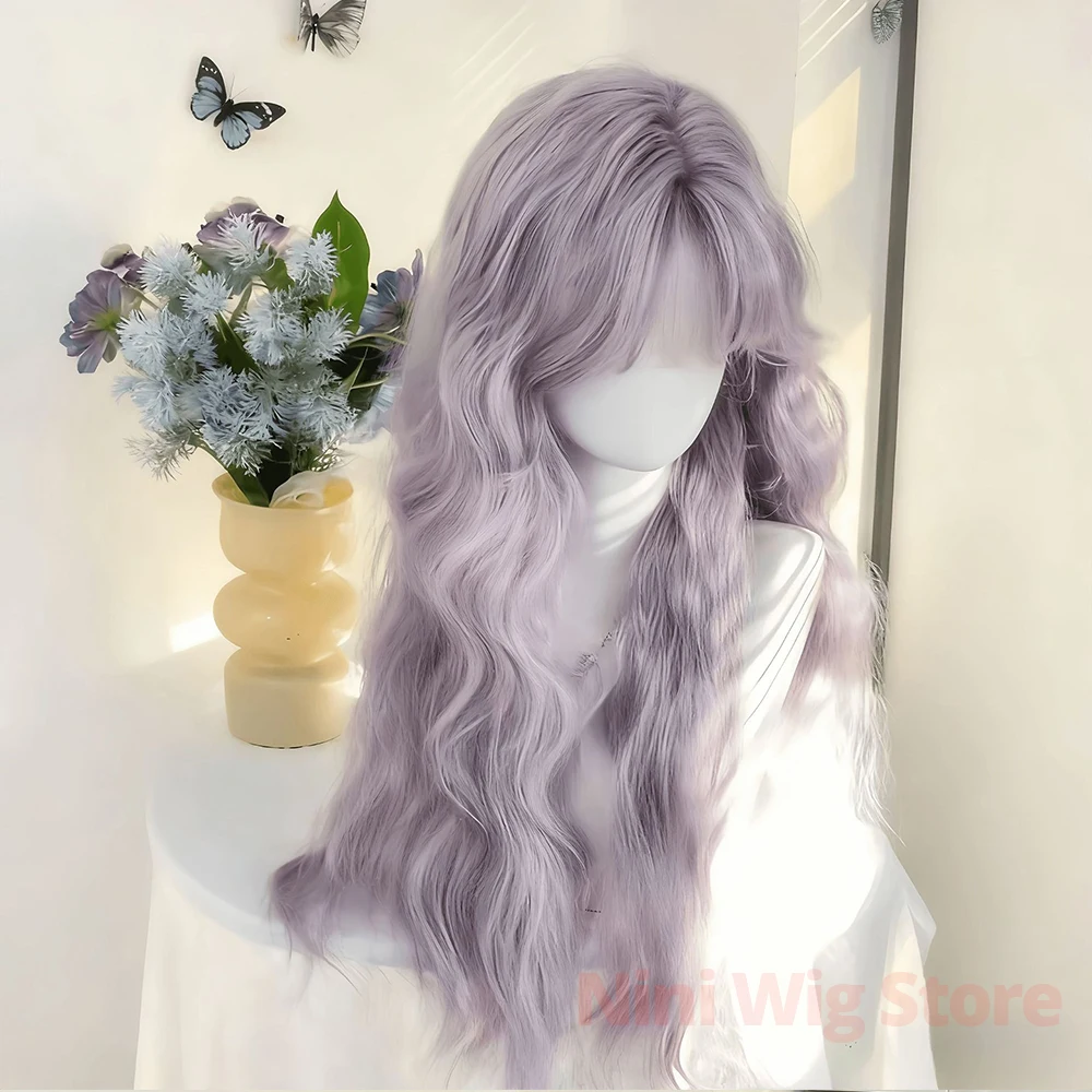 Purple Long Wavy Synthetic Wigs with Bangs for Women Daily use Cosplay Party Halloween Lolita Natural Heat Resistant Curly Hair