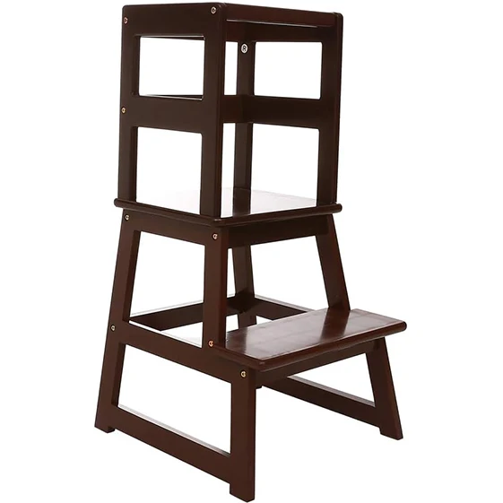 Solid Bamboo Wood Construction Kids Kitchen Step Stool Toddler Learning Stool Tower with Safety Rail