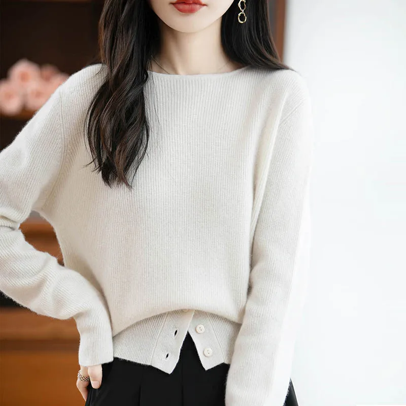 

100% Wool Boat - neck Knitted Sweater with Bottom Slit Button Decoration, Unlock New Fashion Postures