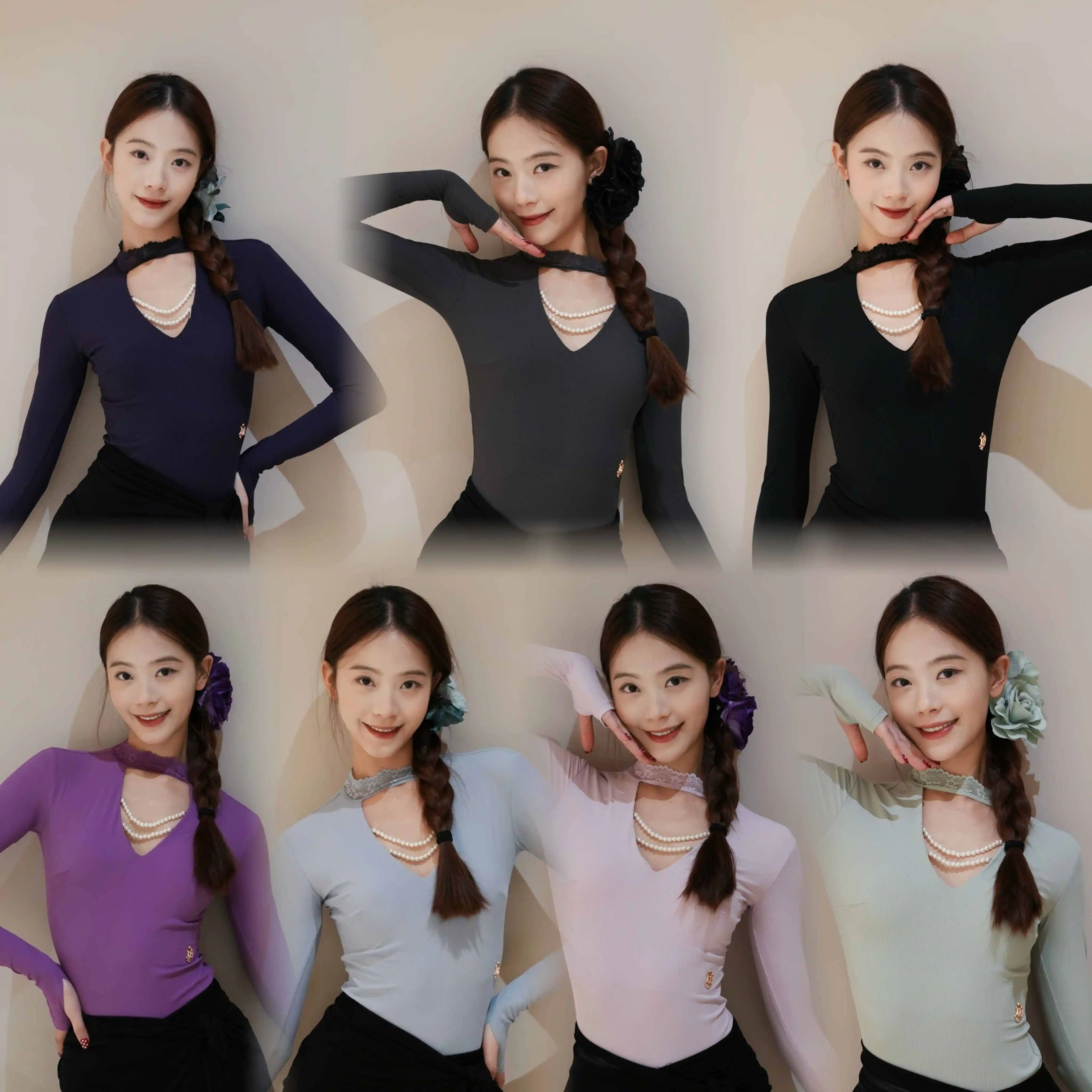 

2025 New Pearl V Neck Latin Dance Tops Women Long Sleeves Practice Clothing Ballroom Dance Clothes Elegant Bodysuit DNV22429