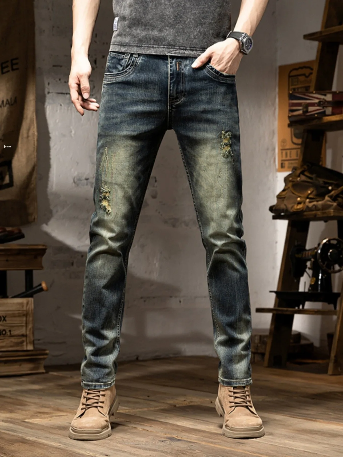 

High-End Retro Men's Slim Straight Jeans Elastic American Patch Casual Long Trousers Trendy Brand Hole Punching Cotton Stretc...