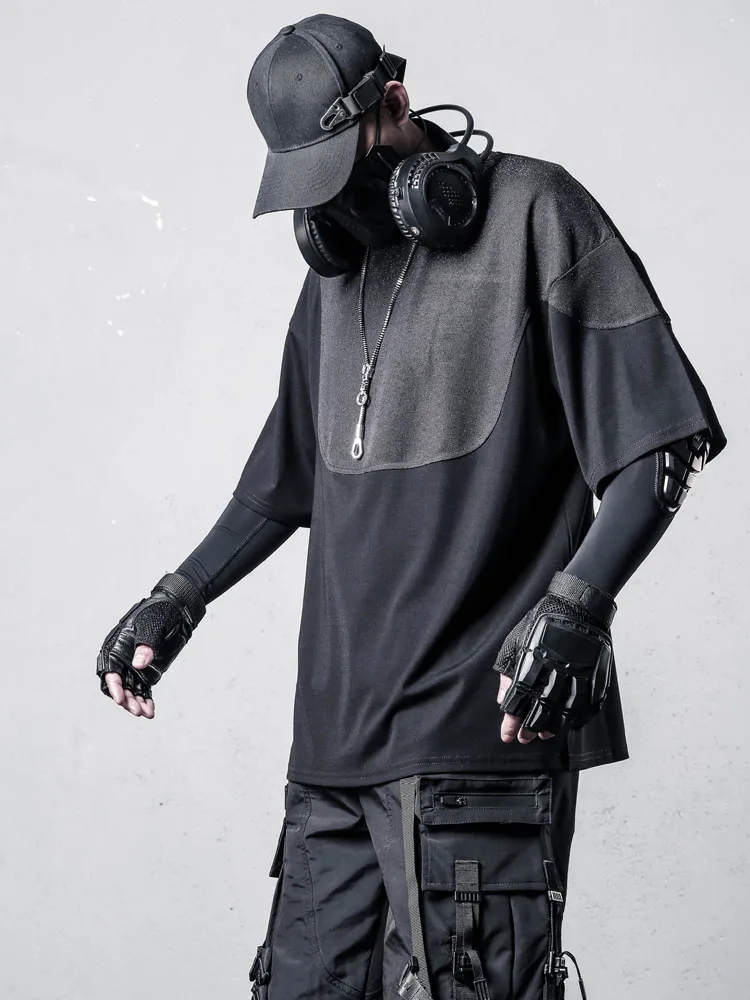 

Avant-Garde Yamamoto Style Stitching Design round Neck Pullover Top Dark Personality Texture Half Sleeve T-shirt for Men