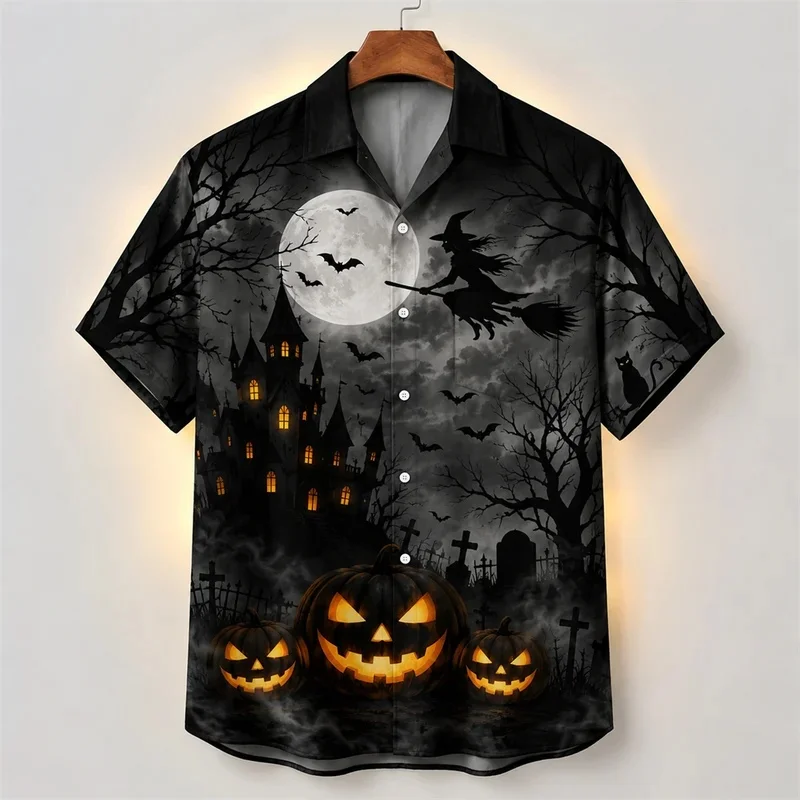Halloween Jack O Lantern Shirt For Men 3D Horror Ghost Print Short Sleeve Shirt Haunted House Gothic Halloween Party Costume Top