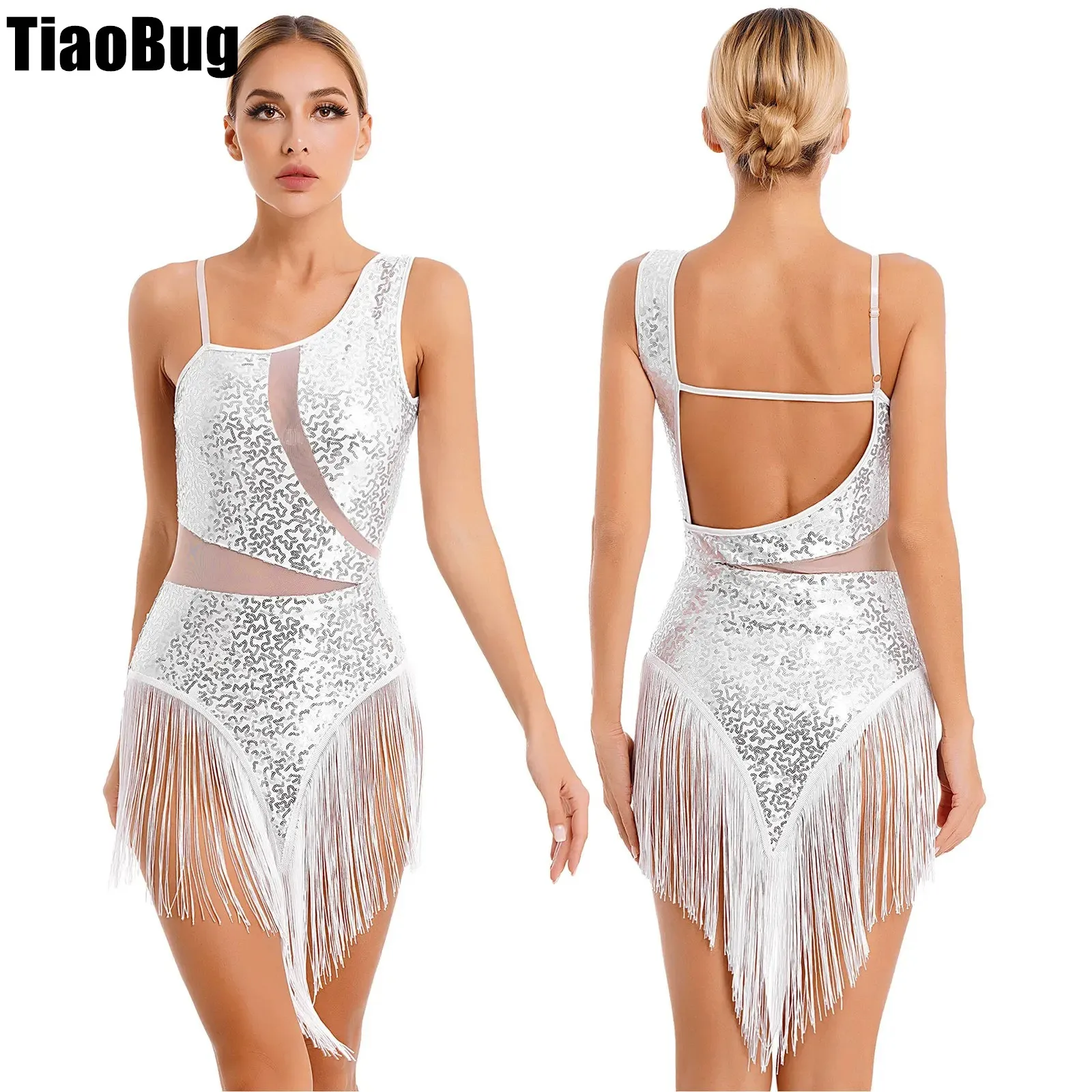 

Women Tassel Dance Leotard Performance Costume Sparkling Sequin Fringed Dress Asymmetrical Shoulder Straps Latin Dresses