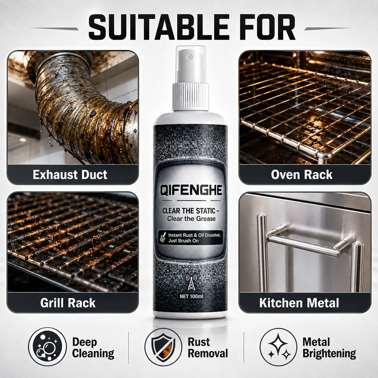 QIFENGHE Multi-Surface Grease Remover 100ml, for Ovens Grills Pans, Dissolves Grease Rust, Restores Shine, No Rinse, Surfactant-