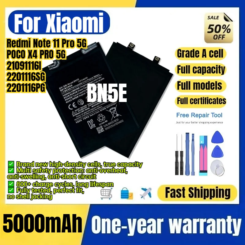 BN5E for Xiaomi Redmi Note 11 Pro 5G/POCO X4 PRO 5G/21091116I/2201116SG/2201116PG Phone Battery Replacement Bateria  with Tools