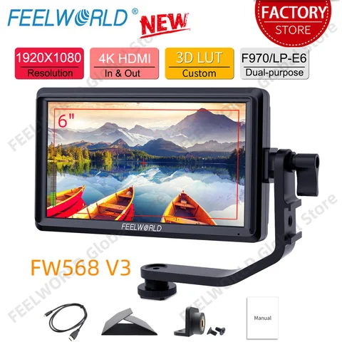 FEELWORLD FW568 V3 Monitor de câmera DSLR de 6 polegadas com forma de onda LUTS Pequeno Full HD 1920x1080 IPS 4K HDMI Tipo-C Braço de inclinação de saída DC