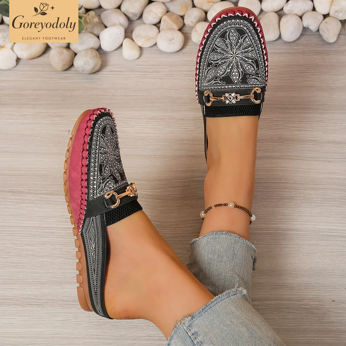 Goreyodoly women mule flats rh - đánh giá và giá Embroidery Print
